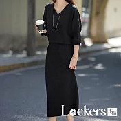 【Lockers 木櫃】V領蝙蝠袖半身裙套裝 L114090406 黑色M
