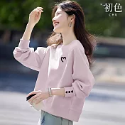 【初色】簡約甜美愛心刺繡圓領長袖大學T上衣女上衣-共4色-10840(M-2XL可選) M 粉紅色