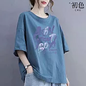 【初色】休閒大碼純色圓領字母印花短袖T恤上衣女上衣-共10色-13961(M-3XL可選) 3XL 藍色