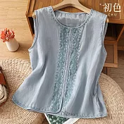 【初色】復古風刺繡花邊寬鬆透氣涼感圓領無袖背心上衣女上衣-共4色-13975(M-3XL可選) M 淺藍色