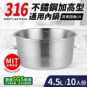 台灣製316不鏽鋼加高型通用內鍋10人份(25cm/4.5L)