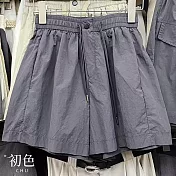 【初色】運動風純色透氣高腰鬆緊腰抽繩闊腿褲休閒褲寬褲短褲-共3色-13986(M-2XL可選) M 深灰色