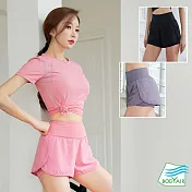 【BODYAIR嚴選】假兩件包腹拉鍊腰短褲(瑜珈.運動.慢跑.透氣.舞蹈.運動褲) S 粉紅