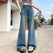 【MsMore】 四面彈微喇牛仔褲高腰抽繩寬鬆喇叭褲拖地# 125782 M 藍色