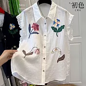 【初色】氣質翻領蕾絲無袖拼色印花排扣背心上衣女上衣-共2色-14212(M-2XL可選) M 白色