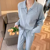 【衣途】翻領針織雙拉鍊開衫寬褲兩件套裝(KDAQ-584) FREE 淺藍