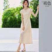 【初色】日系純色圓領肌理感綁帶短袖連衣裙連身洋裝長裙-米色-14347(M-2XL可選) M 米色