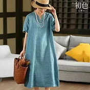 【初色】氣質純色短袖V領直筒裙中長連衣裙連身洋裝-共4色-14251(M-2XL可選) M 藍色