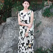 【初色】棉麻渡假風滿版植物印花圓領無袖中長裙連衣裙連身洋裝長裙-花色-14243(M-2XL可選) M 花色