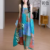 【初色】復古碎花印花拼接圓領無袖細肩吊帶連身裙中長裙連衣裙連身洋裝長裙-共2色-14244(M-2XL可選) M 藍綠色