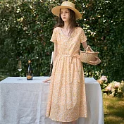 【初色】質感花紋綁帶V領短袖排扣A字裙中長連衣裙連身洋裝-碎花-14257(M-2XL可選) M 碎花