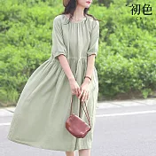 【初色】文藝純色寬鬆皺褶抽繩後背扣圓領短袖中長裙連衣裙連身洋裝-綠色-14259(M-2XL可選) M 綠色