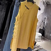 【初色】新中式純色印花盤扣無袖開衩圓領中長款背心上衣女上衣-黃色-14279(M-3XL可選) M 黃色