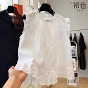 【初色】純色刺繡圓領木耳邊無袖薄款馬甲背心上衣女上衣-共2色-14280(M-2XL可選) M 白色