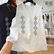 【初色】韓系亞麻重工菱格圖案刺繡下擺側面開衩V領無袖馬甲背心女背心-共2色-14362(M-2XL可選) M 白色