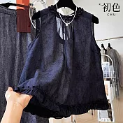 【初色】復古重工緹花印花露背木耳邊下擺圓領背心女背心-藏青色-14288(M-2XL可選) M 藏青色