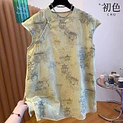 【初色】新中式國風圓領斜襟山水刺繡無袖背心上衣女上衣-淺黃色-14323(M-2XL可選) M 淺黃色