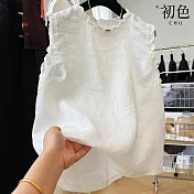 【初色】氣質純色花邊寬鬆透氣圓領短袖綁帶背心上衣女上衣-共2色-14229(M-2XL可選) M 白色