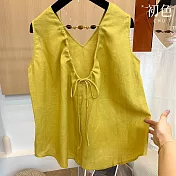 【初色】純色亞麻風透氣V領露背穿珠綁帶寬鬆背心女背心-共2色-14230(M-2XL可選) M 黃色