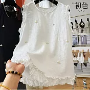 【初色】韓系棉麻貝殼釘珠木耳邊無袖上衣背心女背心-共2色-14216(M-2XL可選) M 白色
