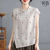 【初色】新中式復古立領盤扣愛心印花無袖改良旗袍襯衫上衣女上衣-米杏色-14232(M-2XL可選) M 米杏色