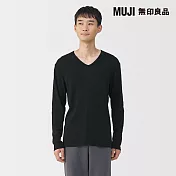 【MUJI 無印良品】男棉保暖V領長袖T恤 L 黑色