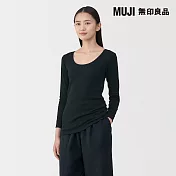 【MUJI 無印良品】女棉保暖U領八分袖T恤 S 黑色