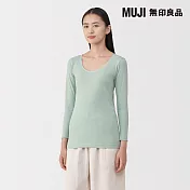 【MUJI 無印良品】女棉保暖U領八分袖T恤 S 淺綠