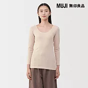 【MUJI 無印良品】女棉保暖U領八分袖T恤 S 淺米