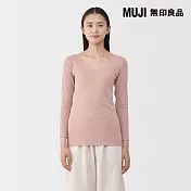 【MUJI 無印良品】女棉保暖U領八分袖T恤 S 粉紅