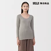 【MUJI 無印良品】女棉保暖U領八分袖T恤 S 灰棕