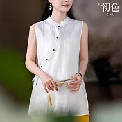 【初色】新中式純色圓領斜襟綁帶修身無袖背心上衣女上衣-共3色-14241(M-2XL可選) M 白色