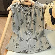【初色】日系植物刺繡荷葉邊圓領綁帶無袖單排釦背心上衣女上衣-灰色-14222(M-2XL可選) M 灰色