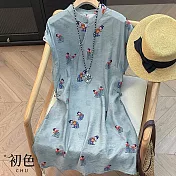 【初色】新中式卡通人物印花圓領無袖修身顯瘦中長連衣裙連身洋裝-共2色-14226(M-2XL可選) M 藍色