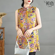 【初色】新中式復古花紋立領盤扣無袖中長版改良旗袍馬甲背心上衣女上衣-花色-14235(M-3XL可選) M 花色