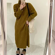 【衣途】麻花復古翻高領毛衣裙(KDSQ-d64) FREE 咖啡色