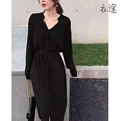 【衣途】收腰落肩長袖純色中長裙(KDSQ-102) FREE 黑色