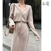 【衣途】收腰落肩長袖純色中長裙(KDSQ-102) FREE 杏色