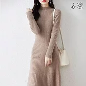 【衣途】修身半高領毛衣裙(KDSQ-70) FREE 駝色