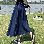 【AnZa】高腰A字牛仔裙長裙半身裙(2色)      FREE 深藍