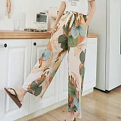 【AnZa】透氣輕薄涼爽棉綢休閒褲闊腿褲 (5色)    L 棕色葉子