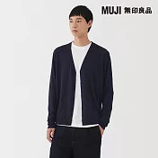 【MUJI 無印良品】男水洗羊毛高密織V領開襟衫 S 暗藍
