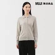 【MUJI 無印良品】女水洗羊毛高密織POLO開襟衫 M 粉米