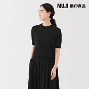 【MUJI 無印良品】女羊毛可水洗高密織五分袖針織衫 S 黑色