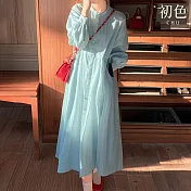 【初色】法式宮廷風純色圓領單排釦高腰長袖中長裙連衣裙連身洋裝長裙-藍色-15255(M-XL可選) M 藍色