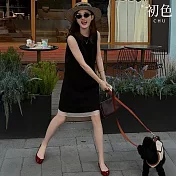 【初色】法式赫本風顯瘦拼接網紗圓領無袖中長連衣裙連身洋裝長洋裝-黑色-15256(M-XL可選) M 黑色