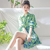 【初色】韓系滿版印花單排釦翻領七分袖襯衫中長裙連衣裙連身洋裝-綠色-15115(M-2XL可選) M 綠色