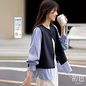 【初色】文青風知性拼接條紋寬鬆圓領排釦長袖襯衫上衣女上衣-藏青色-15230(M-2XL可選) M 藏青色