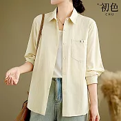 【初色】棉麻風純色簡約輕薄寬鬆翻領排扣長袖襯衫上衣女上衣-共2色-15147(M-2XL可選) M 杏色