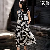 【初色】文藝印花圓領無袖後綁帶連衣裙連身洋裝長裙-花色-14744(M-XL可選) M 花色